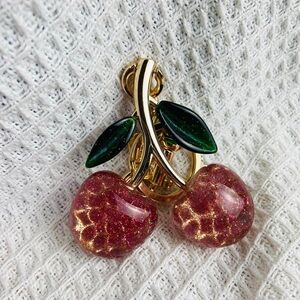 Coach Gold-Tone Pink Glitter Cherry Brooch with Green Leaves